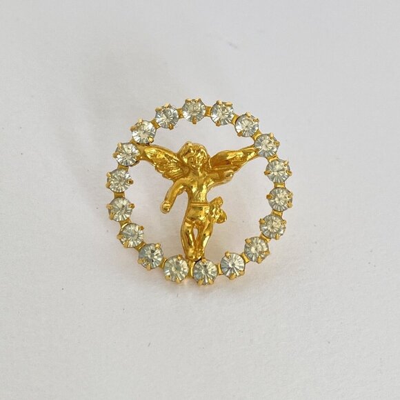 Angel Cherub Clear Rhinestones Circle Gold Tone Lapel Hat Lanyard Pin Brooch 1” - Picture 3 of 6